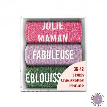 Coffret Trio Chaussettes Paillettes Fantaisie Femme – Jolie Maman, Fabuleuse & Éblouissante JOY!