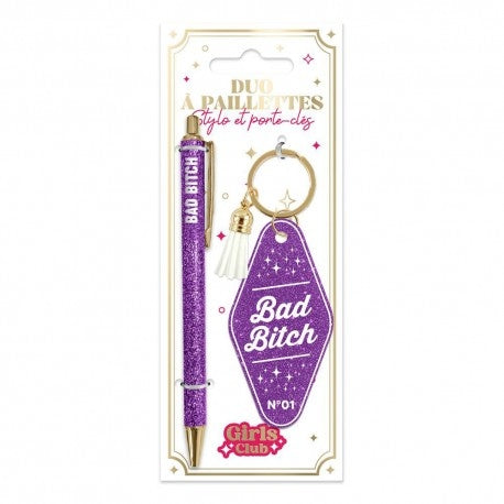 Duo Cadeau Paillettes “Bad Bitch” – Stylo Pailleté & Porte-Clés Pompon | Idée Cadeau Fun Femme JOY!