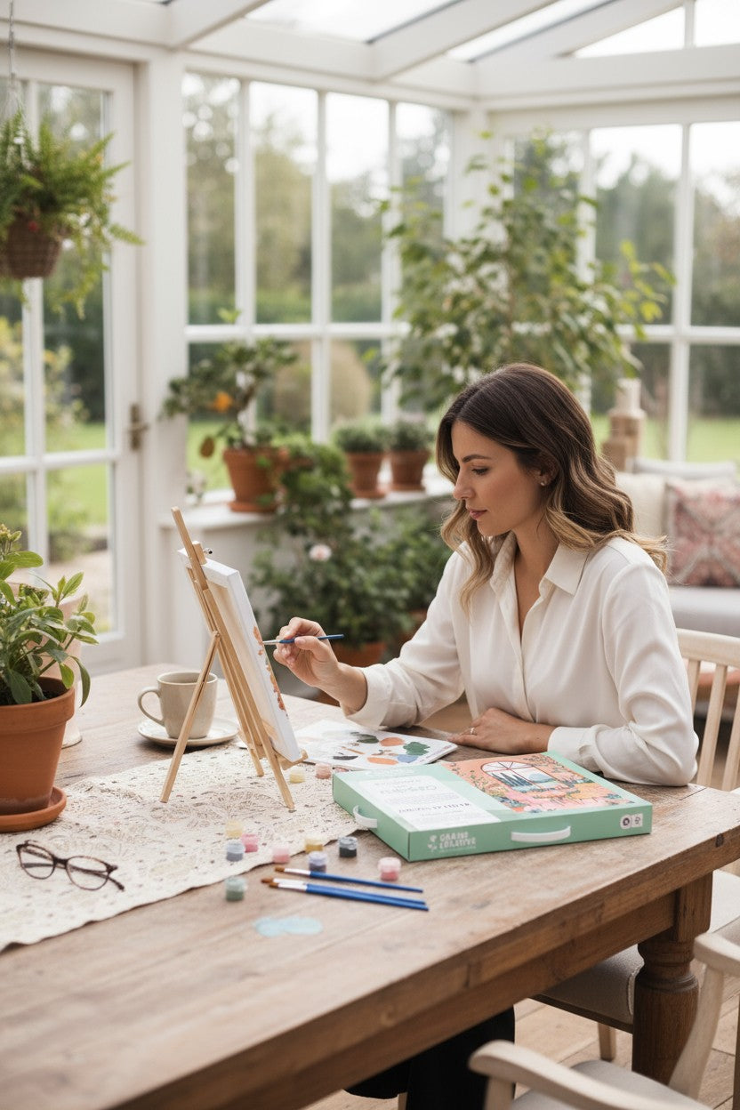 Tableau Jardin d’Hiver terminé grâce au kit peinture au numéro. Résultat garanti, lumineux et apaisant.