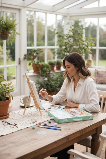 Tableau Jardin d’Hiver terminé grâce au kit peinture au numéro. Résultat garanti, lumineux et apaisant.