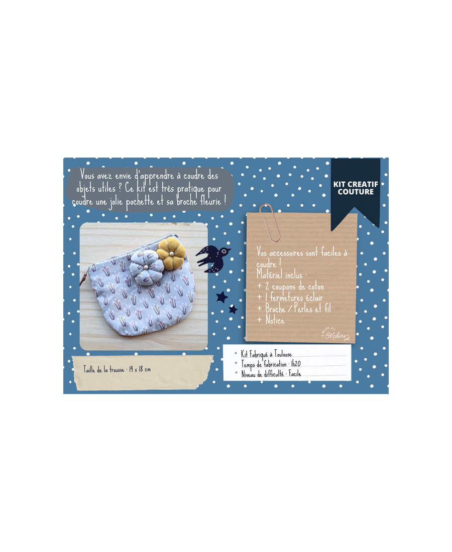 Kit créatif : Je fabrique ma Pochette à broche Fleurie Bleu La Maison des Makers