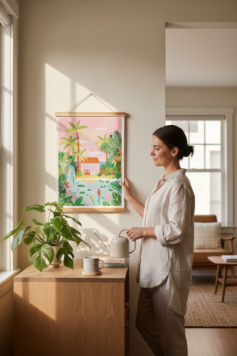 Tableau Dream Home terminé, encadré dans une déco douce.