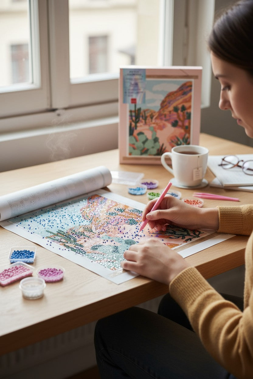 Coffret Petit Diamond – Desert Hills Kit Diamond Painting décor désert ocre et cactus LA PETITE EPICERIE