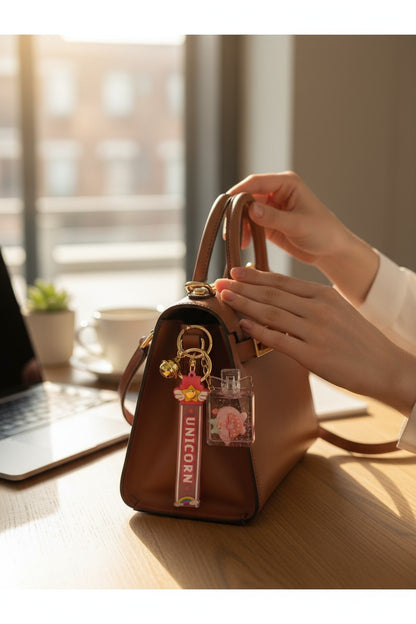 Porte-clés kawaii flacon de parfum fixé à un sac à main. Accessoire élégant et mignon.