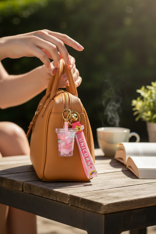 Porte-clés donut flottant kawaii. Beignet coloré dans liquide magique. Accessoire mignon pour clés et sacs.