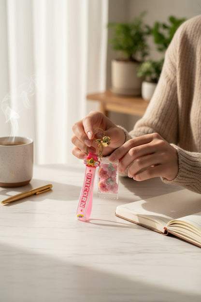 Porte-clés sachet bonbon kawaii posé sur un bureau pastel. Accessoire mignon de déco.