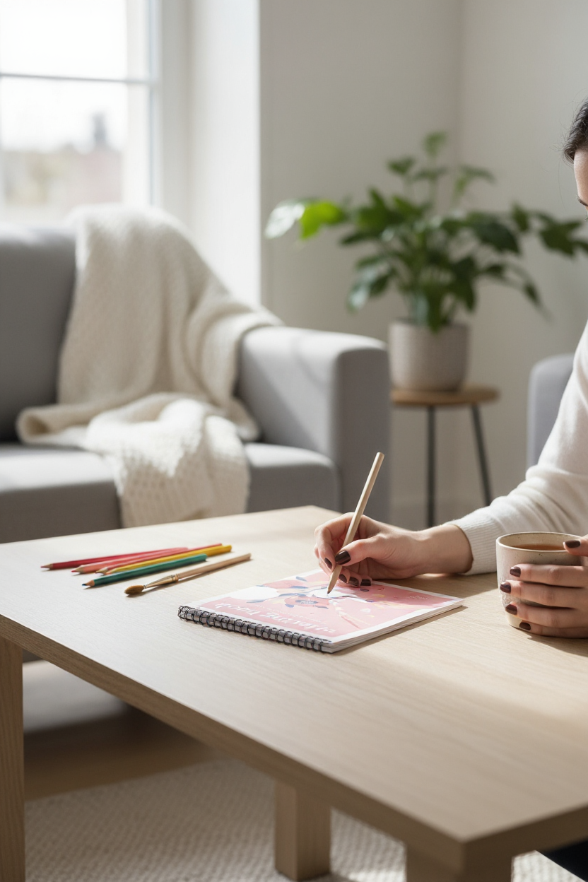 Carnet de coloriage Maison Joliette présenté comme idée cadeau avec crayons et pinceaux.