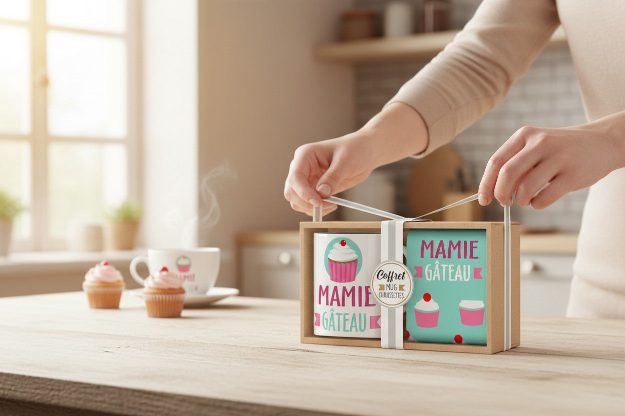Coffret Mug & Chaussettes – Mamie Gâteau | Cadeau Mamie Original JOY!