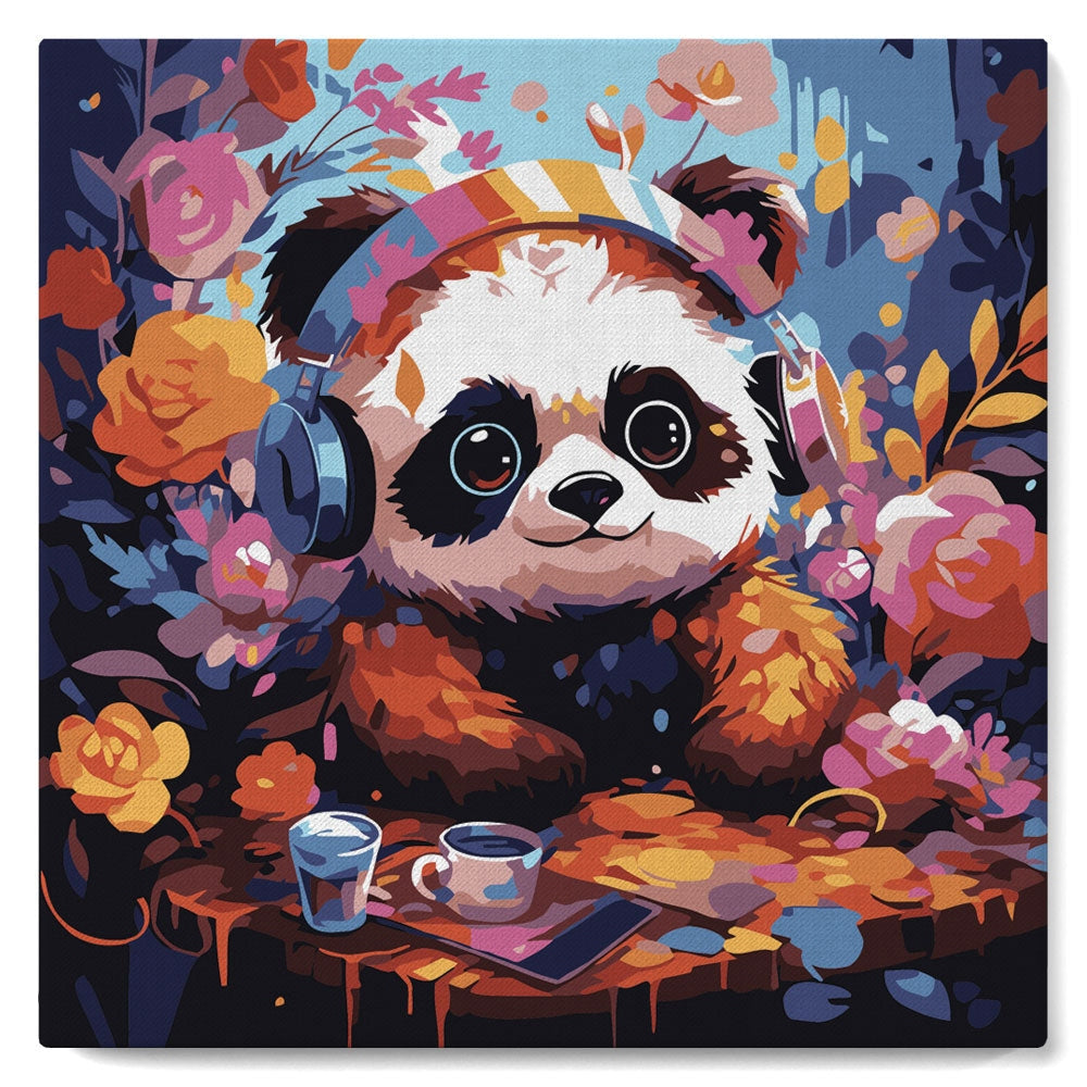 Mini Peinture par Numéros 20x20cm avec cadre Panda fantaisie et fleurs