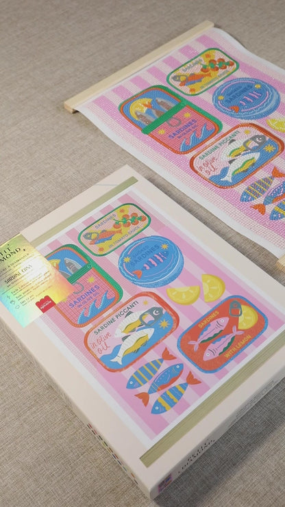 Tableau diamond painting Sardine Cans terminé décoration murale pop et colorée