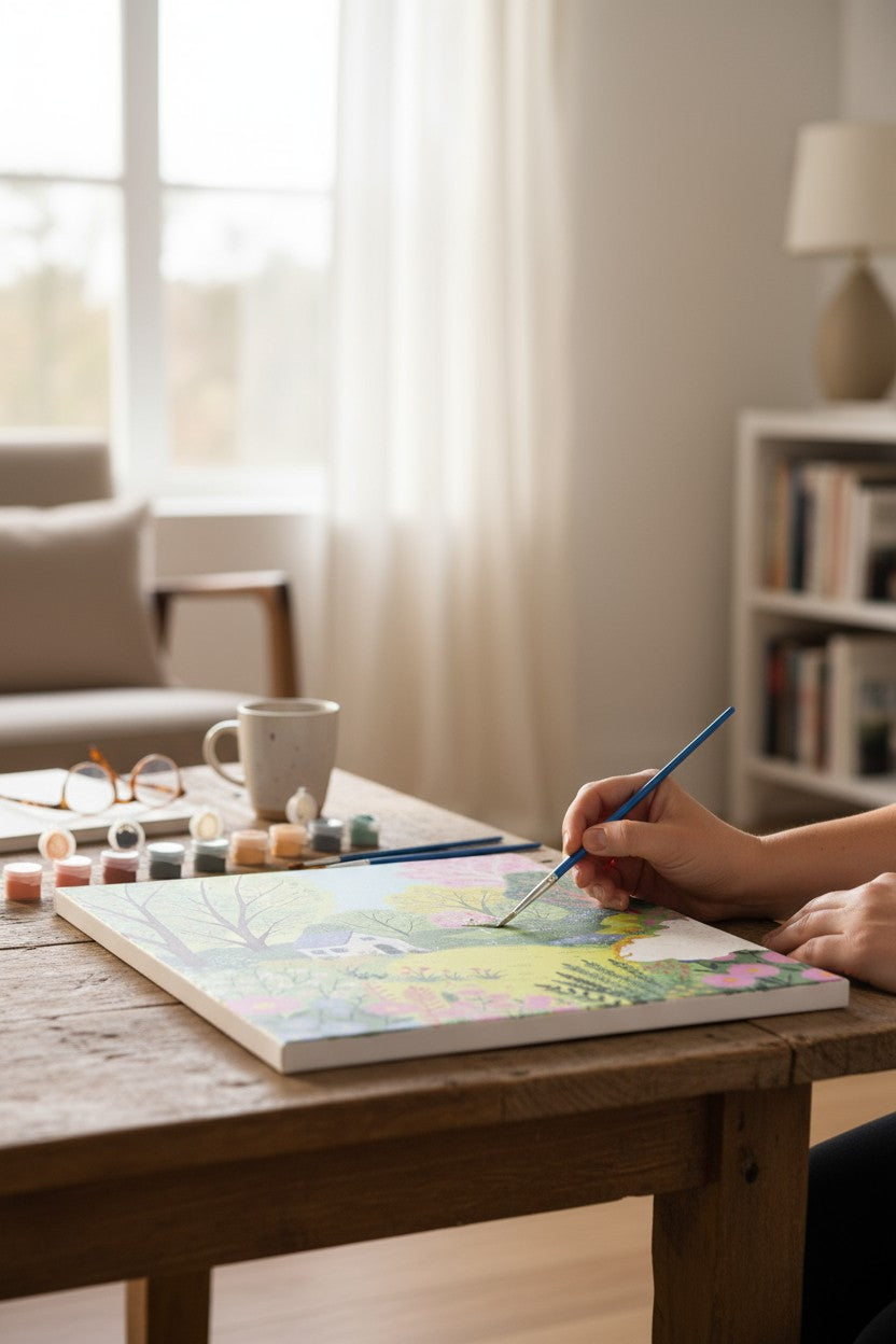 Tableau Havre de Paix terminé, peint avec le kit peinture au numéro. Résultat coloré et relaxant.