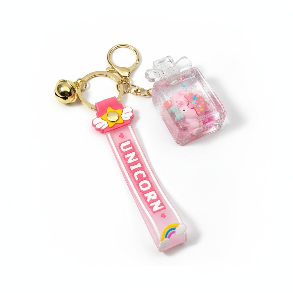 Porte-clés kawaii flacon de parfum avec donut flottant dans liquide magique.