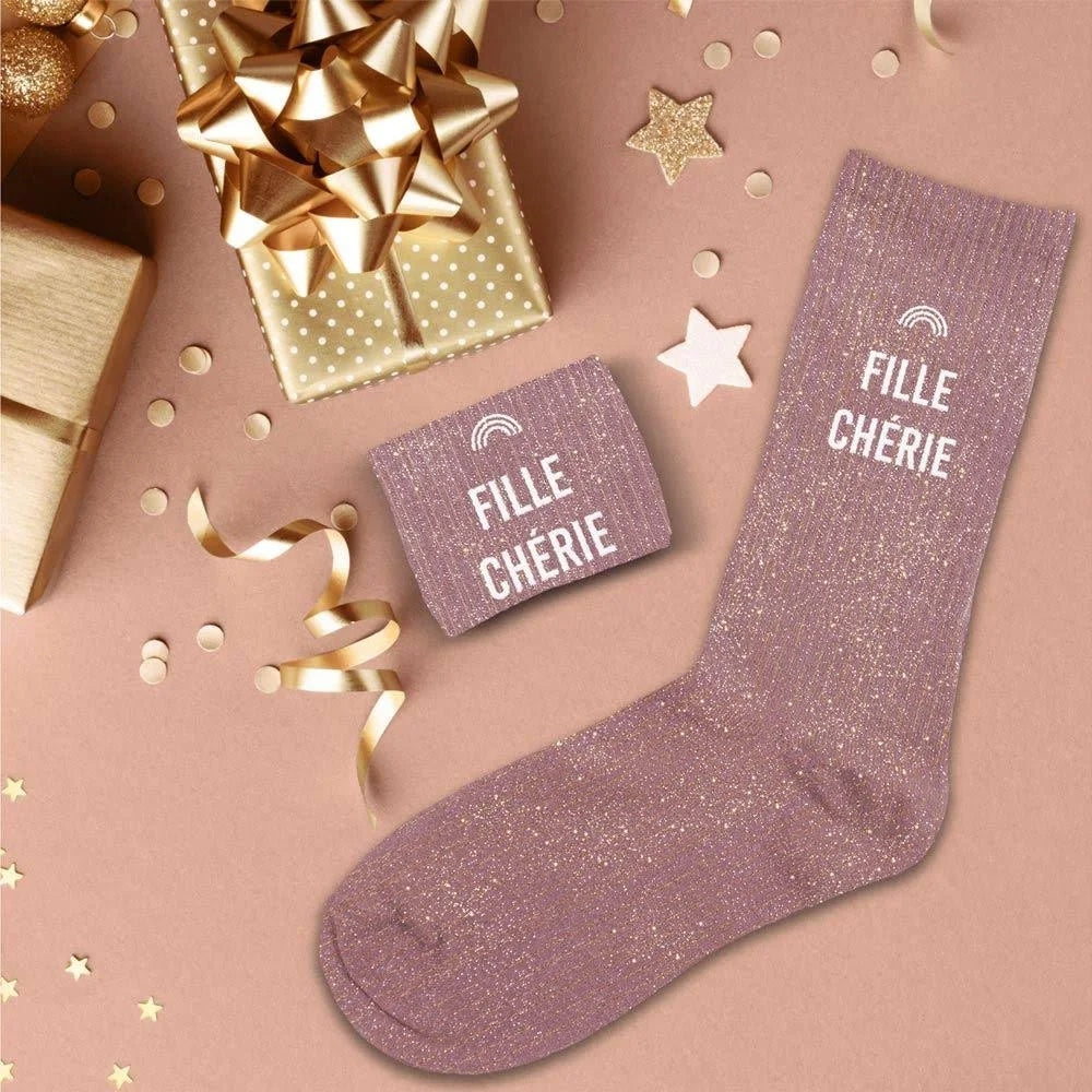 Chaussettes à Paillettes “Fille Chérie” Roses – Message Tendre (36-42)