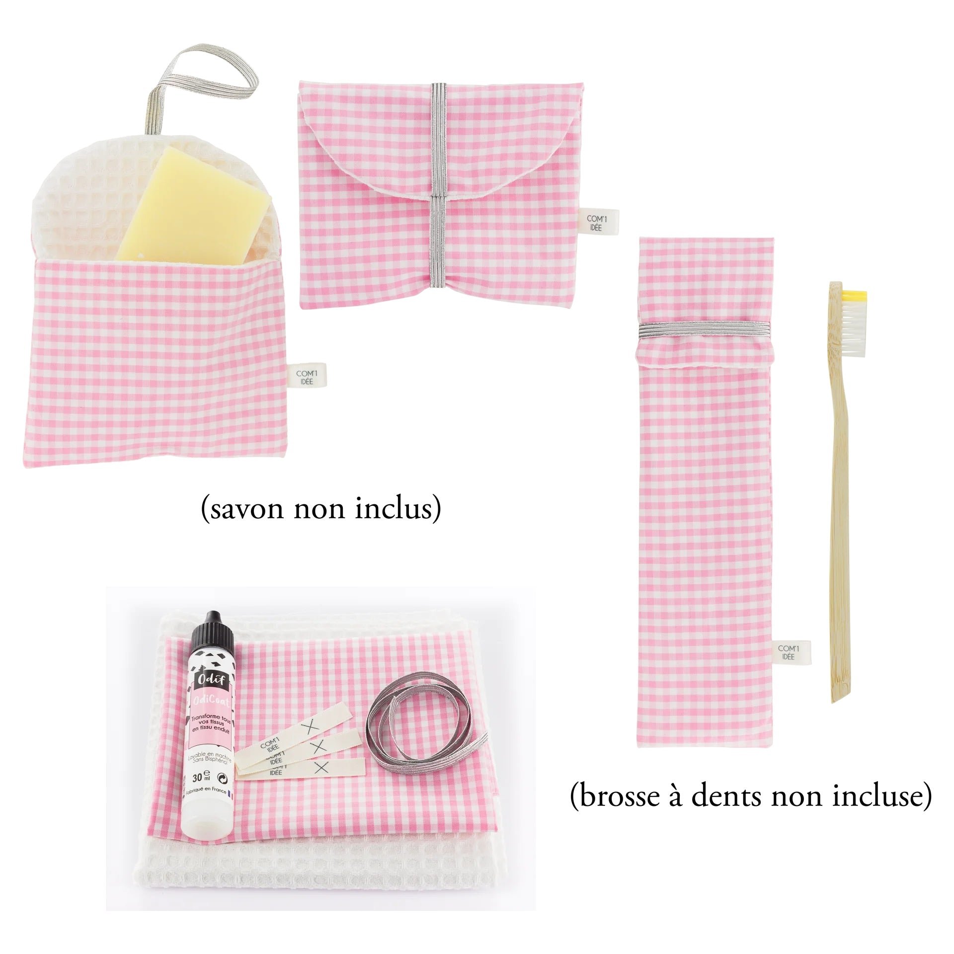Kit Couture Nomade “Vichy Rose” – Étui Brosse à Dents & Pochettes Savon DIY Com'1 Idée