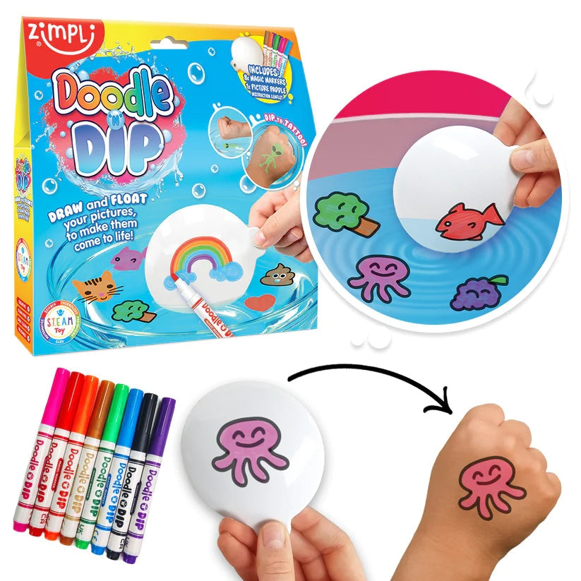  Kit ZIMPLI Doodle N Dip avec 8 marqueurs magiques et palette pour dessiner dans l’eau