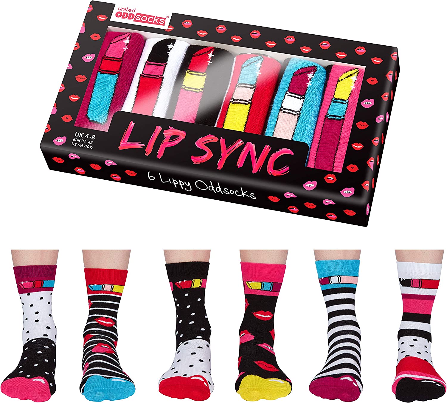 Coffret Chaussettes Dépareillées Lip Sync – United Oddsocks | 6 Chaussettes Fun Femme | Taille 37-42 United Oddsocks