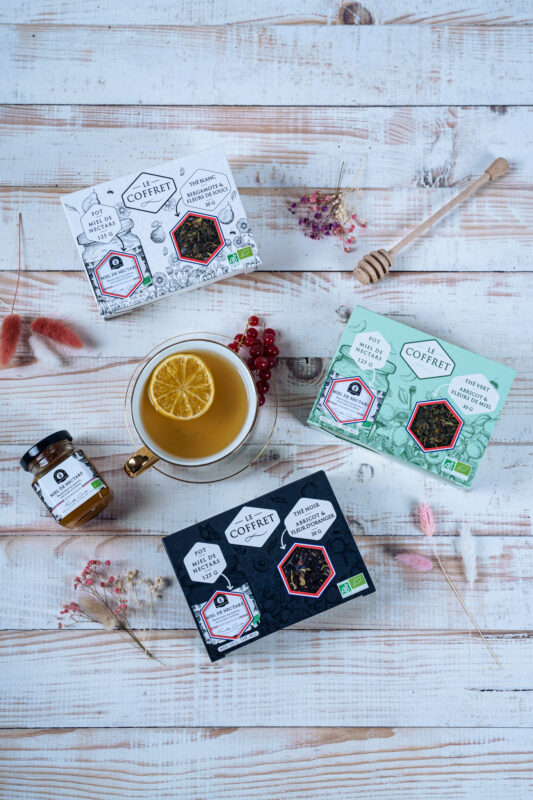 Coffret Thé Noir Abricot Fleur d’Oranger et son Miel de Nectars Les abeilles de Malescot