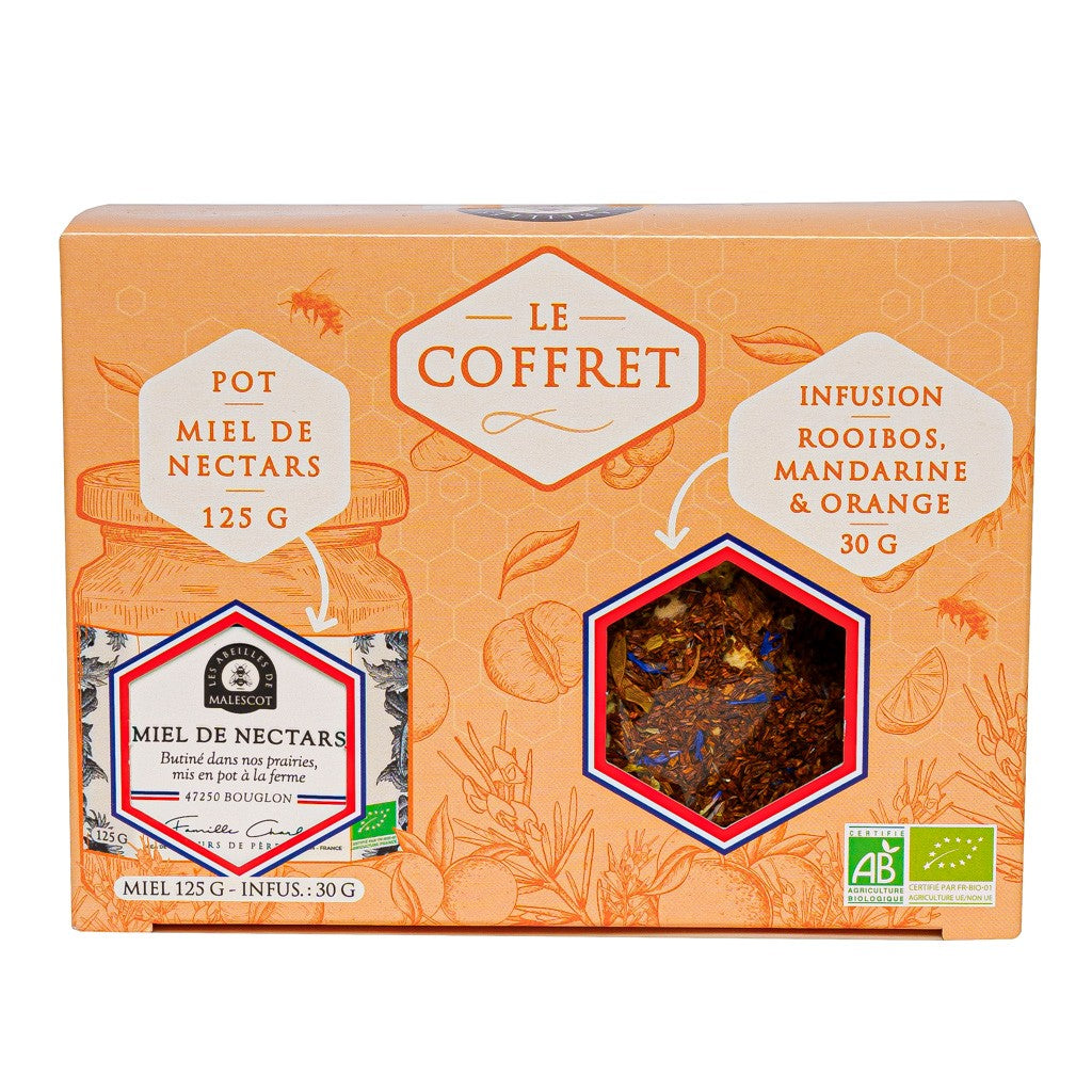 Coffret Infusion Rooibos Mandarine Orange (vrac) et son Miel de Nectars Bio LES ABEILLES DE MALESCOT