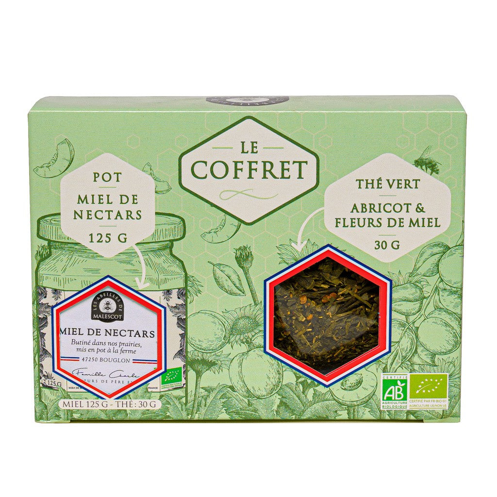 Coffret Thé Vert Abricot Fleurs de Miel (vrac) et son Miel de Nectars Bio Les abeilles de Malescot