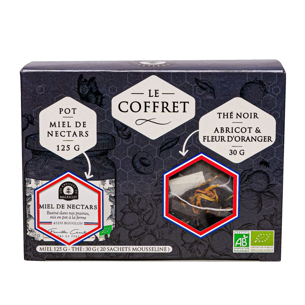 Coffret Thé Noir Abricot Fleur d’Oranger et son Miel de Nectars Les abeilles de Malescot